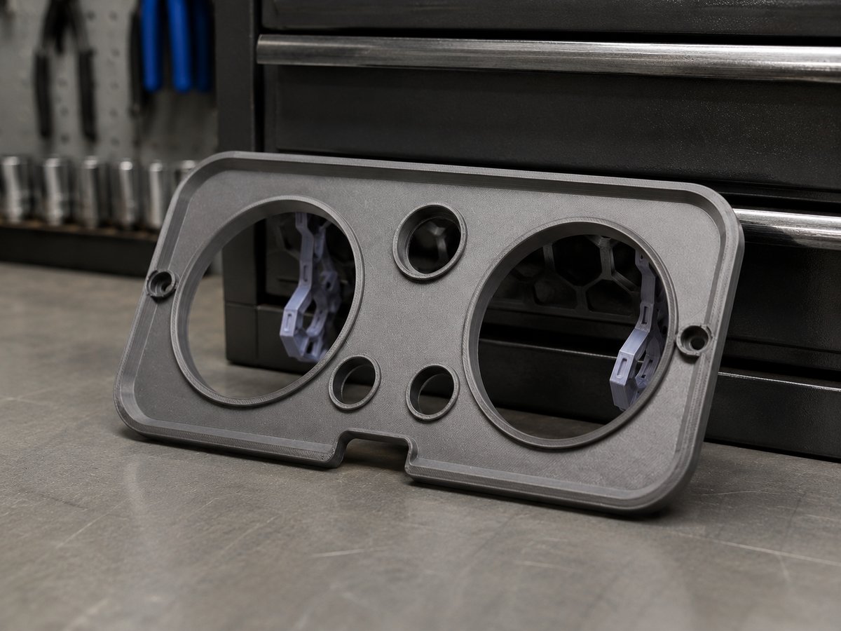 Custom 3D printed automotive gauge cluster dash panel with twin gauge cutouts and switch holes